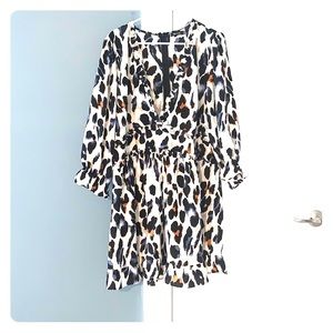 BooHoo Leopard Print Satin Ruffle Skater Dress
